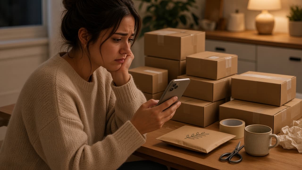 Etsy seller at a kitchen table at night, pausing packing orders to check payouts on her phone with a frustrated expression
